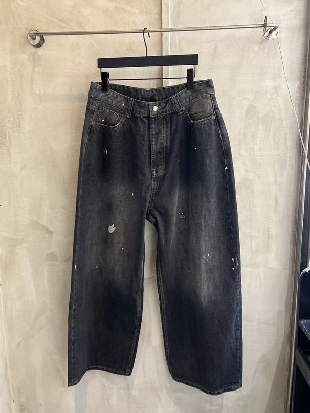 Hand-Painted Splash Ink Art Wide Leg Distressed Denim Pants - Unisex Relaxed Fit Vintage Washed Jeans_mkmklike.com