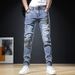 Men's Trendy Patchwork Denim Jeans Korean Style Slim Fit Stretchy Skinny Jeans Mid Waist Long Straight Pants_mkmklike.com
