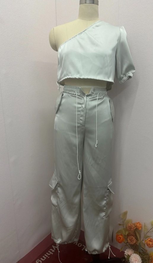 Women's Clothing Summer New Fashion Slant Collar Raglan Sleeve Top Casual Style Trousers Two piece Set_mkmklike.com