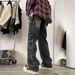 Men's Multi Pocket Cargo Jeans Straight Leg Loose Fit Versatile Wide Leg Trousers American High Street Style Washed Retro Cool_mkmklike.com