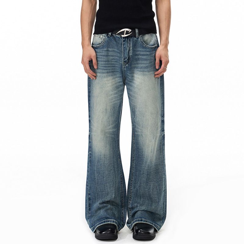 Men's High Street Washed Whiskered Flared Jeans Retro Unisex Vibe Stylish Floor Length Pants_mkmklike.com