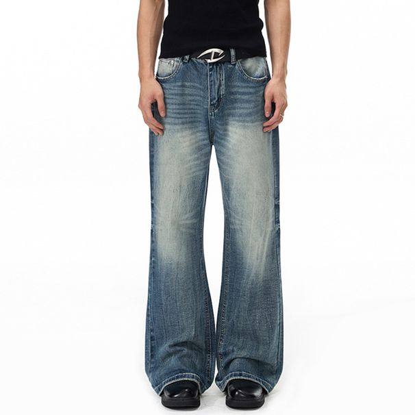 Men's High Street Washed Whiskered Flared Jeans Retro Unisex Vibe Stylish Floor Length Pants_mkmklike.com