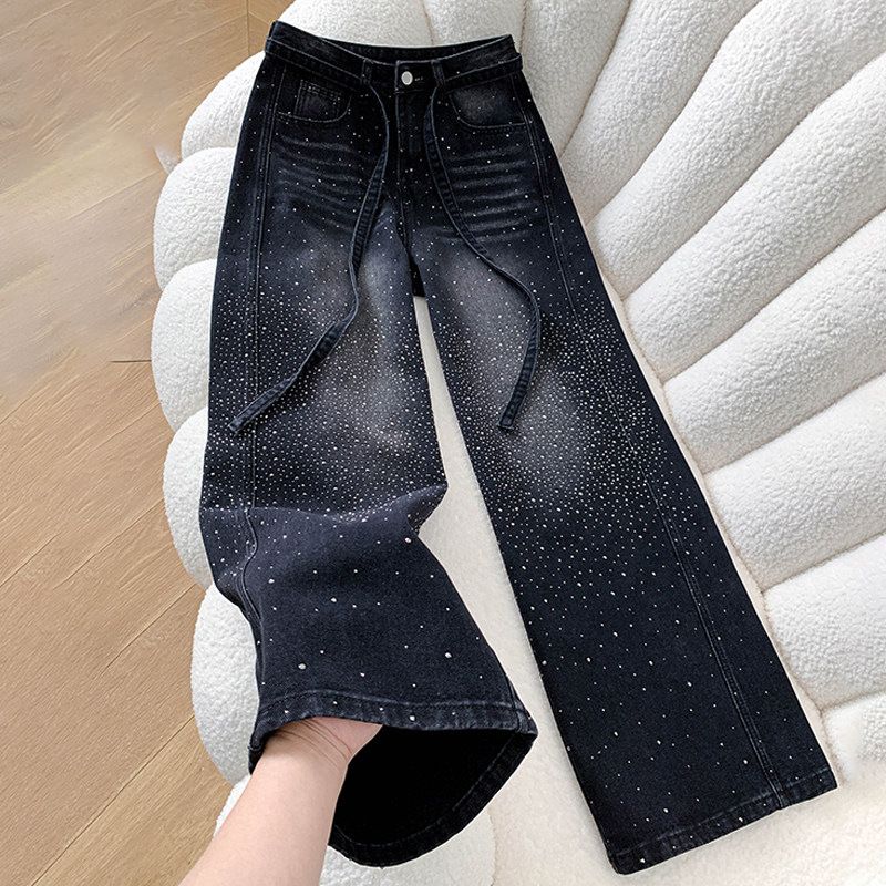 Women's Starry Sky Rhinestone Heavy Foil Jeans Black Gray Loose Fit Drawstring Curved Wide Leg Pants Spring 2026 New_mkmklike.com