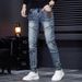 Men's Distressed Patchwork Jeans - Vintage Washed Slim Fit Denim Pants With Artistic Rips & Embellishments For Urban Street Style_mkmklike.com