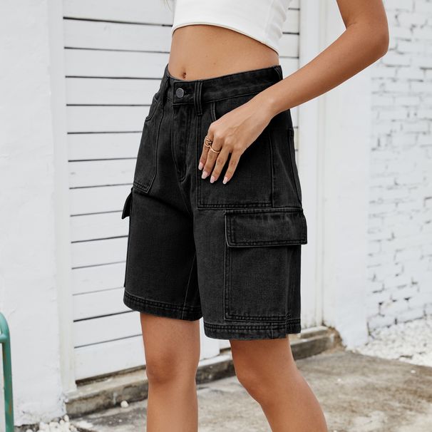 Women's Washed Denim Cargo Shorts Streetwear Mid-Length Summer Shorts Trendy Comfortable Multi-Pocket Design_mkmklike.com