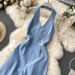 Women's fashion sleeveless halter high waist slim wide leg denim jumpsuit_mkmklike.com