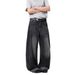 Distressed Black Washed Denim Wide-Leg Pants With Raw Hem - Trendy High Waist Casual Jeans For Men & Women_mkmklike.com