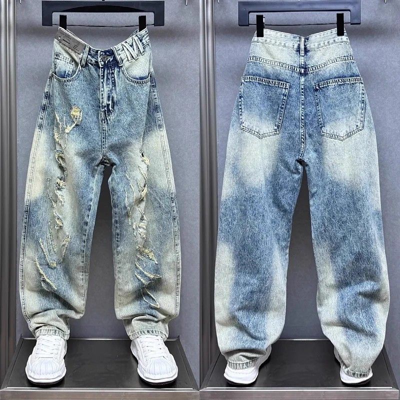 Men's Distressed Paint-Splatter Jeans – Vintage Washed Blue Relaxed Straight-Leg Denim With Knee Rips & Artistic Splashes (Sizes 28-36)_mkmklike.com