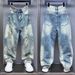 Men's Distressed Paint-Splatter Jeans – Vintage Washed Blue Relaxed Straight-Leg Denim With Knee Rips & Artistic Splashes (Sizes 28-36)_mkmklike.com