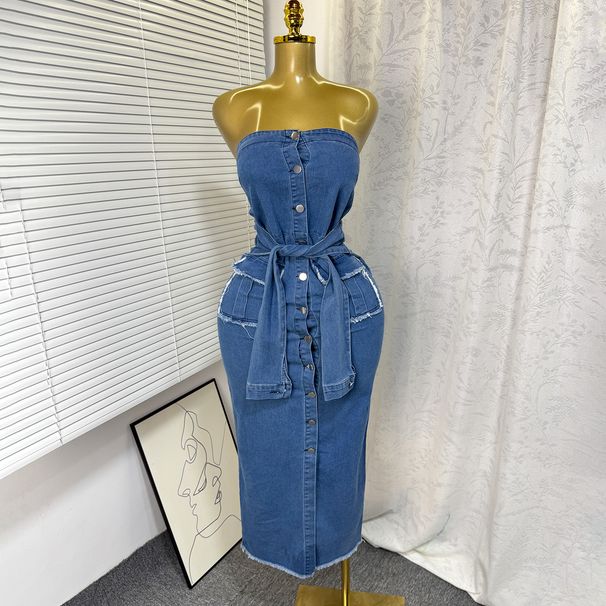 Women's Slim Fitting Denim Dress Tube Top Single Breasted Long Skirt With Raw Edges Double Pockets Lace-Up Hip Wrapped Sexy Summer American Style_mkmklike.com