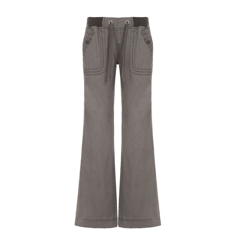 Women's Low-Waisted Straight Leg Cargo Pants Retro American Street Style Casual Outdoor Jeans with Pockets Lace-Up Design_mkmklike.com