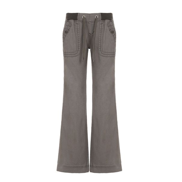 Women's Low-Waisted Straight Leg Cargo Pants Retro American Street Style Casual Outdoor Jeans with Pockets Lace-Up Design_mkmklike.com
