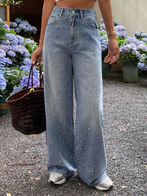 Women's Front Rhinestone Loose Wide Leg Pants Mid Waist Jeans Trousers Street Style Clothing_mkmklike.com