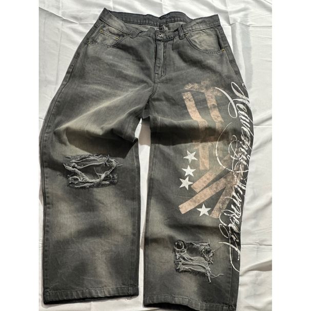 Women's Straight Leg Casual Trousers Loose Fitting Printed Distressed Cropped Jeans Trendy for Export Cross Border Trade Europe And America Wholesale_mkmklike.com