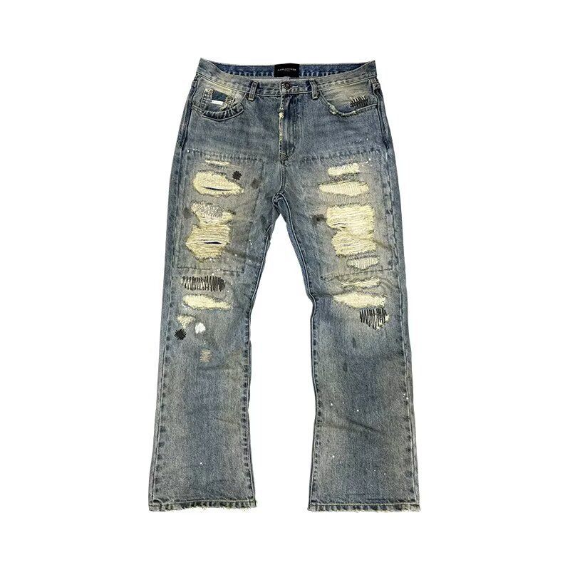 Men's Retro Patchwork Ripped Jeans High Street Style Distressed Finish Knife Cut Splatter Paint Dirty Wash Design Blue mid Waist_mkmklike.com
