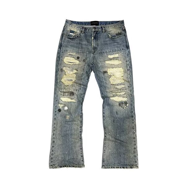 Men's Retro Patchwork Ripped Jeans High Street Style Distressed Finish Knife Cut Splatter Paint Dirty Wash Design Blue mid Waist_mkmklike.com