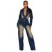 Women's Clothing 6027 Slim Elastic Flared Washed Long Sleeved Denim Jumpsuit Jumpsuit_mkmklike.com