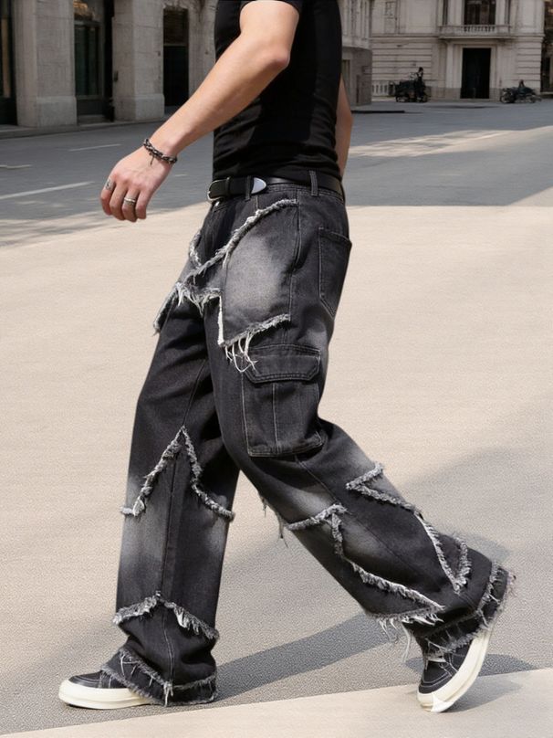 Cross-border Popular European American High Street Style Men's Jeans With Star Patches And Raw Edges, Unique Design_mkmklike.com