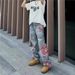 Men's Punk Patchwork Jeans - Distressed Denim Pants With Rebel Edge, Vintage-Inspired Wide Leg Trousers_mkmklike.com