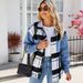Women's Oversized Denim Shirt Jacket - Black & White Checkered Long Sleeve Casual Top_mkmklike.com