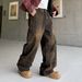 Men's Distressed Patchwork Denim Jeans - Vintage Brown High Street Style, Loose Fit Workwear Pants For Casual Streetwear_mkmklike.com