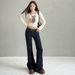 Women's Dark Blue Colorfast Low Rise Flared Jeans Autumn/Winter Style Regular Fit English Fashion Solid Polyester Denim_mkmklike.com