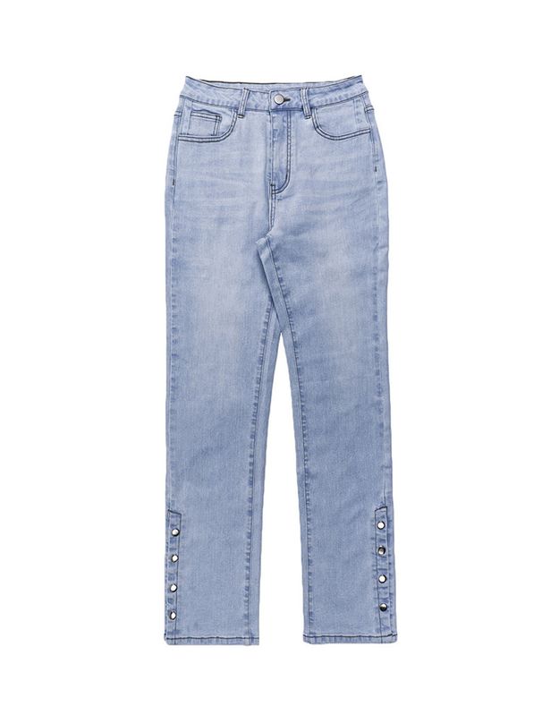 Y2K Split Hem Jeans For Women – High-Waisted Straight Leg Denim Pants, 95% Cotton Stretch, Retro Streetwear (Vintage Blue, Button Fly, Unisex Fit)_mkmklike.com