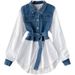 Women's Clothing Polo Collar Denim Two-piece Long-sleeved Shirt With A Niche Mid-length Waist And Chic Top_mkmklike.com