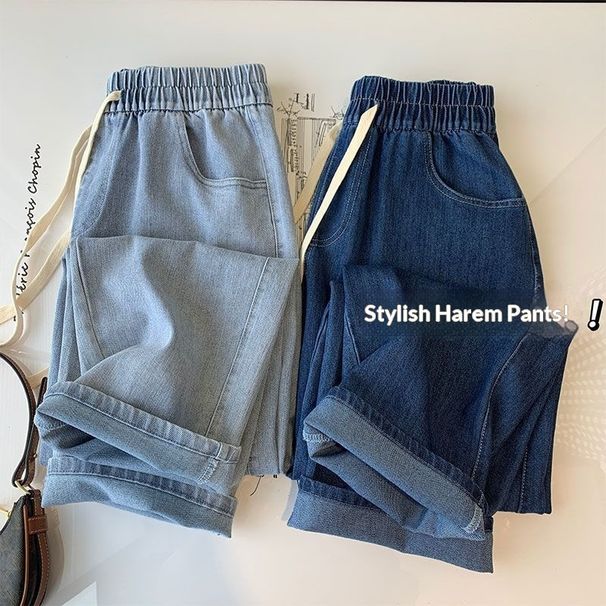 Drawstring Jeans For Women 2024 New Summer Plus Size Pear Shape Student Elastic Straight Long Pants_mkmklike.com