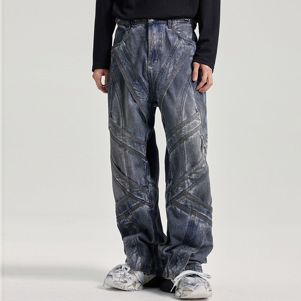American Style Dirty Wash Split Deconstructed Jeans Men's High Street Trendy Brand Straight Pants Loose Design Wide-Leg_mkmklike.com