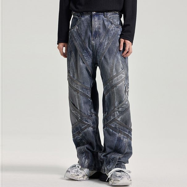American Style Dirty Wash Split Deconstructed Jeans Men's High Street Trendy Brand Straight Pants Loose Design Wide-Leg_mkmklike.com