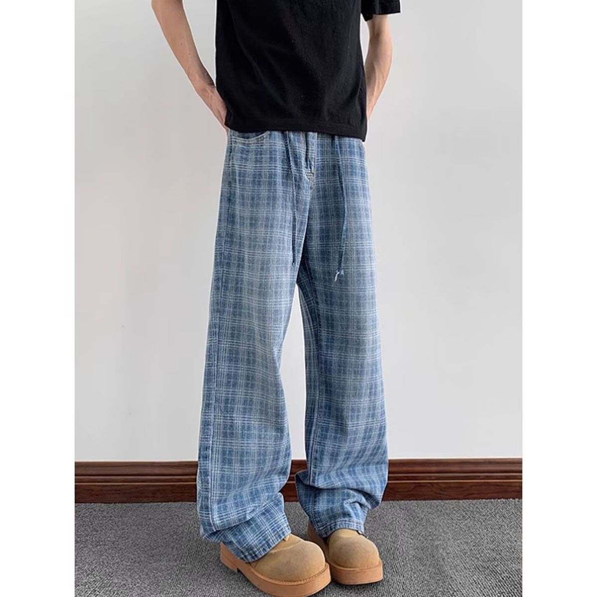Men's Clothing Retro Washed Blue Plaid Jeans American Style High Street Fashion Loose Casual Wide Leg Straight Leg Pants For Men And Women_mkmklike.com
