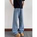 Men's Clothing Retro Washed Blue Plaid Jeans American Style High Street Fashion Loose Casual Wide Leg Straight Leg Pants For Men And Women_mkmklike.com