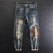 Men's Retro Patch Embroidered Distressed Jeans High End European American Style Slim Fit Stretch Casual Trousers For Autumn Winter Trendy Look_mkmklike.com