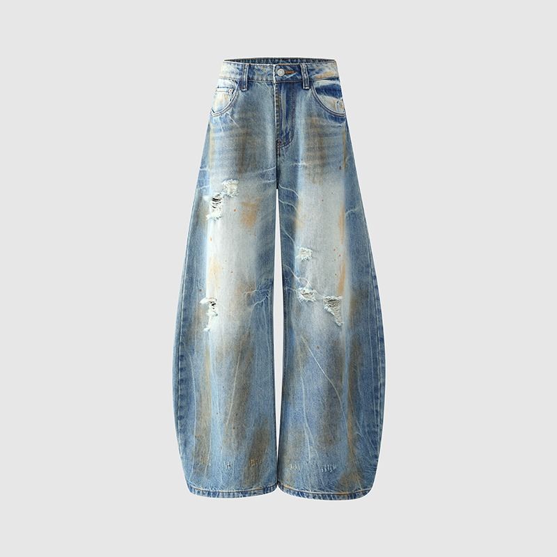 Vintage Distressed Washed Denim Jeans For Men - Streetwear Retro Loose Fit Flared Bootcut Baggy Pants_mkmklike.com