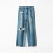 Blue Tencel Non-elastic Frayed Hem Ripped Straight-leg Pants 2025 Summer Fashion High-waisted Petite Cropped Jeans For_mkmklike.com