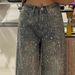 Retro Heavyweight Denim Jeans Rhinestone Patchwork For Women Sparkly Floor-Length Pants Stylish Girls Summer Fashion_mkmklike.com