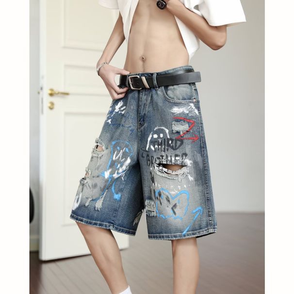 Streetwear Denim Shorts – Unisex Hip-Hop 5-Inch Inseam, Oversized Fit, Japanese-Inspired Distressed Wash (No-Stretch, Raw Hem, Drop-Crotch)_mkmklike.com