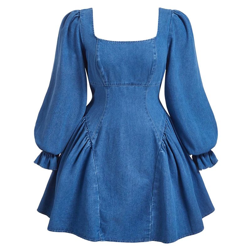 K Women's Long Sleeved Waist Cinching And Slimming Dress Denim Skirt_mkmklike.com