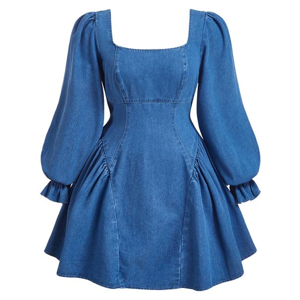 K Women's Long Sleeved Waist Cinching And Slimming Dress Denim Skirt_mkmklike.com