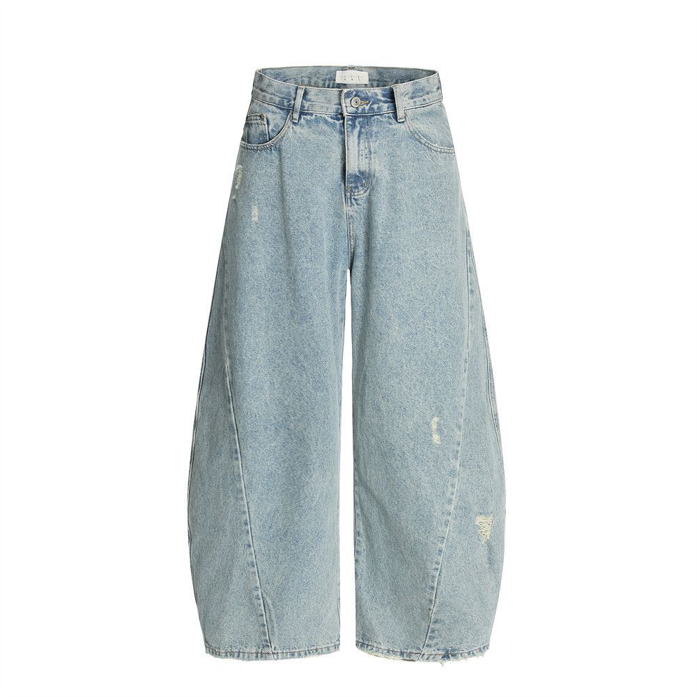 Men's Loose Banana Arc-Shaped Jeans With Pocket Design, Distressed Casual Scythe Pants_mkmklike.com