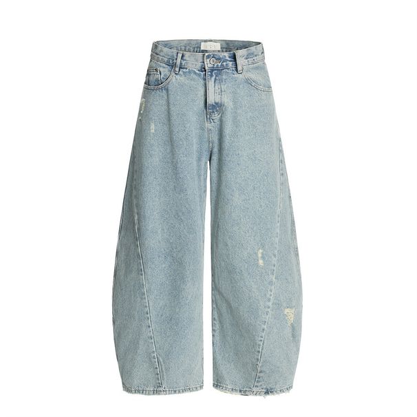 Men's Loose Banana Arc-Shaped Jeans With Pocket Design, Distressed Casual Scythe Pants_mkmklike.com