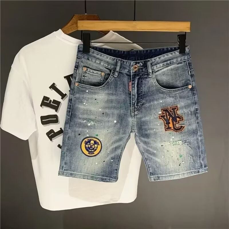 Men's Clothing Men's Distressed Denim Shorts With Embroidery & Splatter Design - Stretchable Casual Streetwear Mid-Length Cargo Shorts (Light Blue)_mkmklike.com