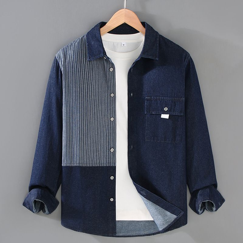 Denim Contrasting Striped Shirt For Men, Casual Loose Fitting Patchwork Fashionable Long Sleeved Shirt_mkmklike.com