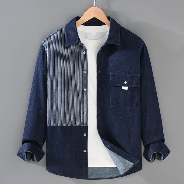 Denim Contrasting Striped Shirt For Men, Casual Loose Fitting Patchwork Fashionable Long Sleeved Shirt_mkmklike.com