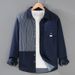 Denim Contrasting Striped Shirt For Men, Casual Loose Fitting Patchwork Fashionable Long Sleeved Shirt_mkmklike.com