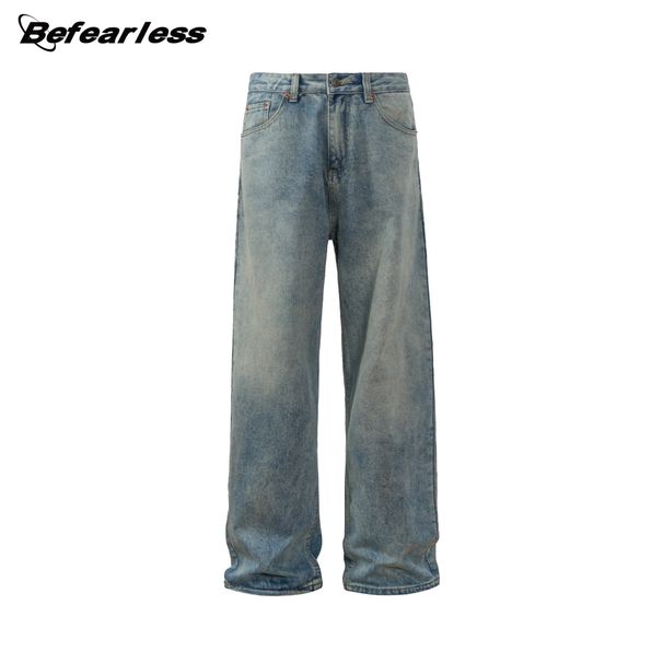 Men's Clothing Retro Vintage Washed Jeans Men And Women Loose Baggy Wide Leg Clean Fit Pants Trendy Brand_mkmklike.com