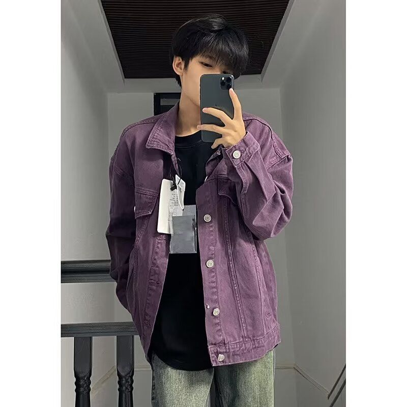 Spring Fashion Brand Purple Denim For Men, American Washed High-End Sense, Rugged And Handsome Workwear Jacket Top_mkmklike.com