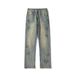 American Retro Vibe Pants, Trendy Straight-leg Distressed Yellow Mud Color Star Jeans For Men, High Street Slim-fit_mkmklike.com