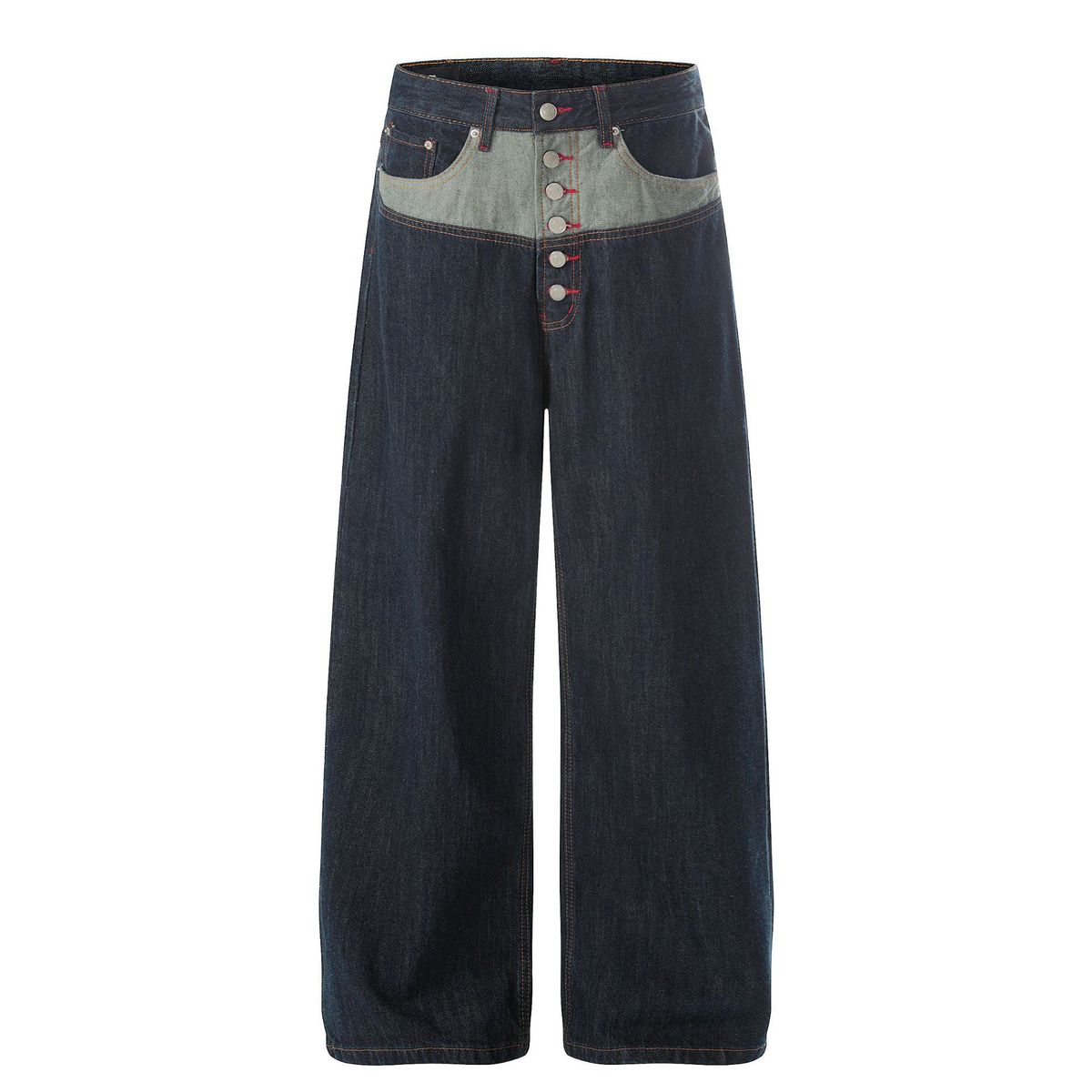 Men's Wide Leg Slightly Curved Jeans High Street Style High End Color Block Patchwork Raw Denim Design For Men And Women_mkmklike.com